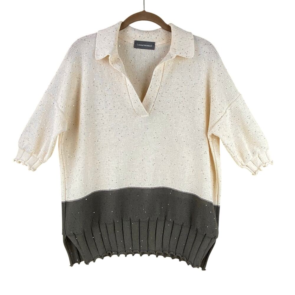 Lorena Antoniazzi Short Sleeve Sweater Size M/L Cream Gray Sequins Italy